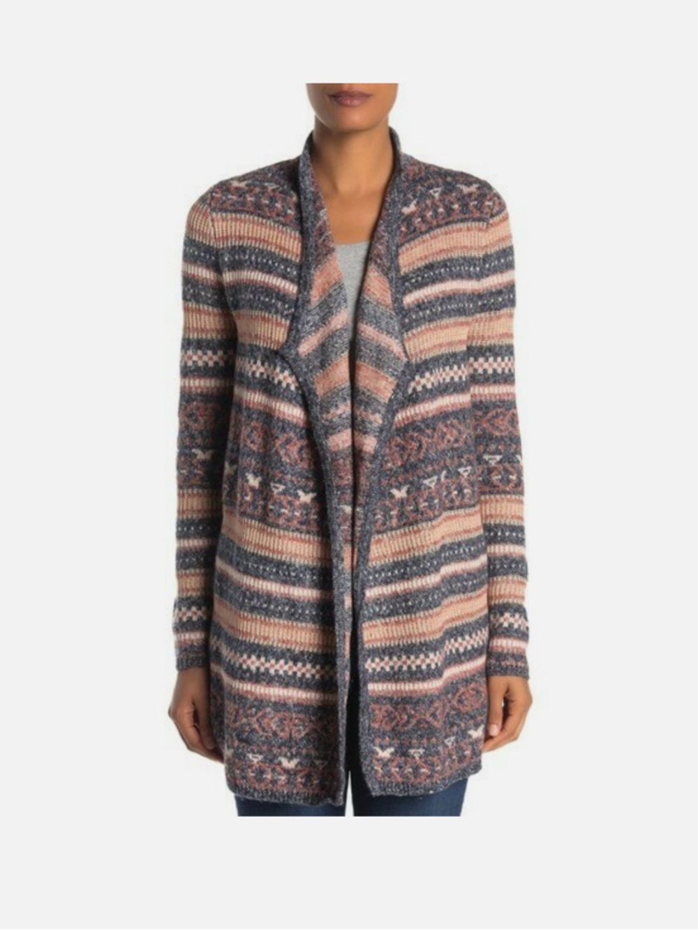 Lucky Brand Open-Front Fair Isle Cardigan in Pink and Gray